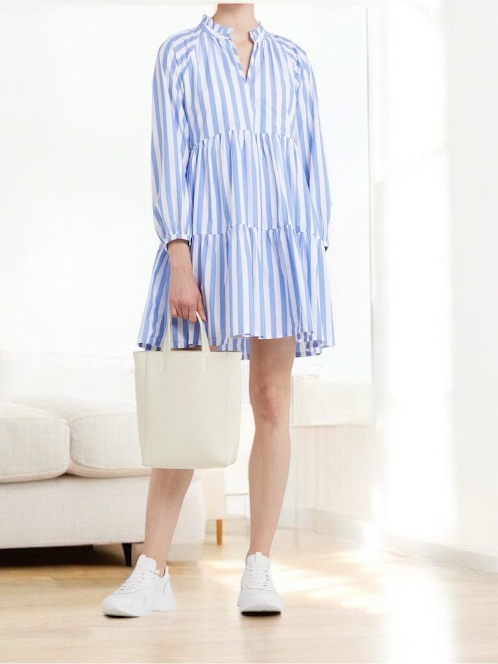 J Crew Tiered Popover Blue & White in Barrie Stripe Cotton Poplin Mini Dress M